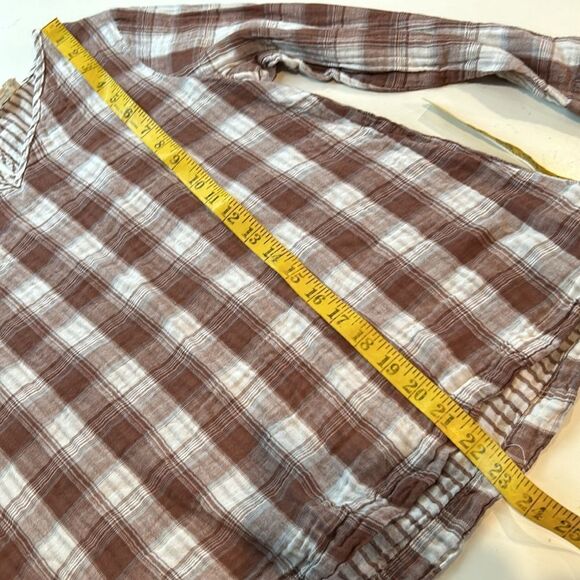 Crescent double gauze, brown and white plaid with striped trim blouse small - Picture 7 of 9